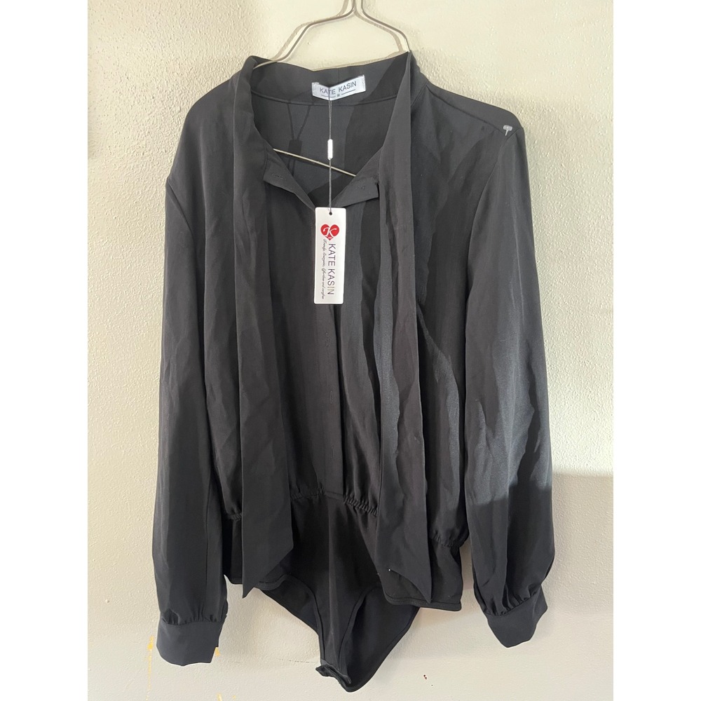 KATE KASIN Bodysuit Tie Neck Blouse Women M Black Office Minimalist NWT